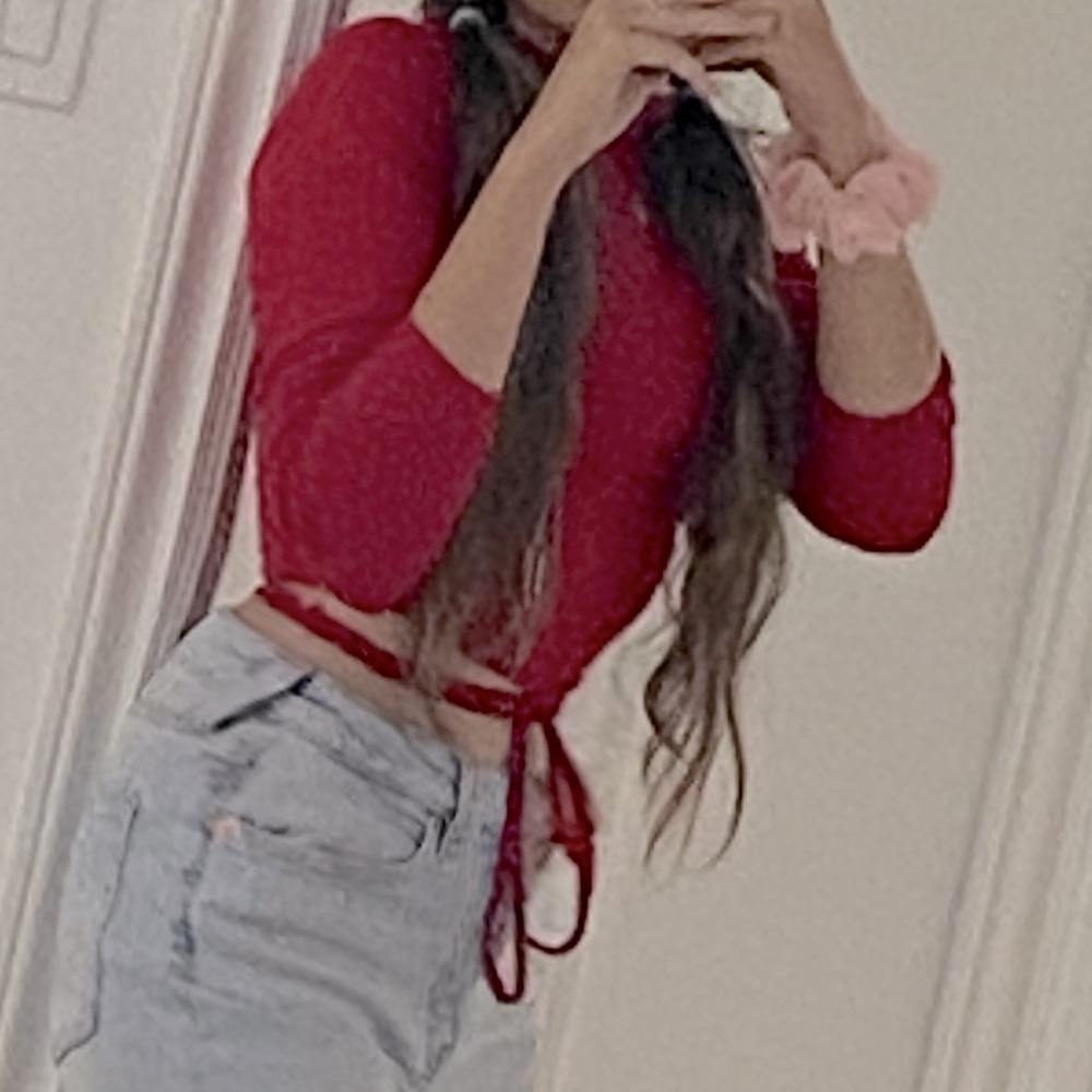 Long sleeve crop top with ties on bottom.